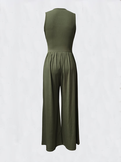 Women's Sleeveless Deep V-Neck Ruched Wide-Leg Jumpsuit - Olive Green Textured Stretch Fabric, Machine Washable Elegant Spring/Summer Casual & Formal Outfit, Ladies Rompers And Jumpsuits, Versatile Clothing, Flowing Silhouett