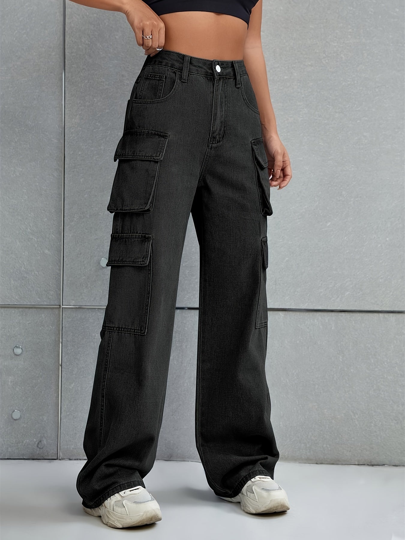 Plain Flap Pockets Cargo Pants, Loose Fit Non-Stretch Y2K & Kpop Style Straight Jeans, Women's Denim Jeans & Clothing