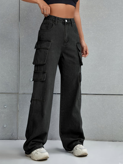 Plain Flap Pockets Cargo Pants, Loose Fit Non-Stretch Y2K & Kpop Style Straight Jeans, Women's Denim Jeans & Clothing