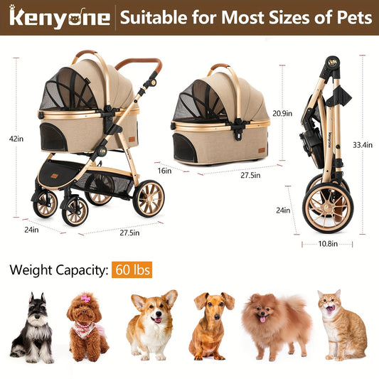 3-in-1 Kenyone Luxury Pet Stroller - Medium Small Size Dogs and Cats Carrier - Detachable Puppy Kitty Doggie Travel System with Large Space and Comfortable Ride