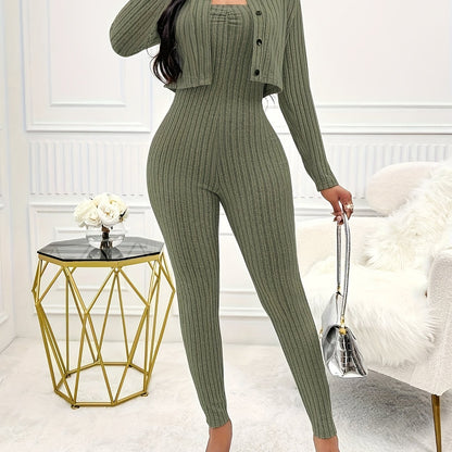 Two-Piece Ribbed Outfit Set - Long Sleeve Button Front Crop Cardigan & Skinny Strapless Jumpsuit - Soft, Stretchy, and Cozy Women's Clothing for Everyday Wear