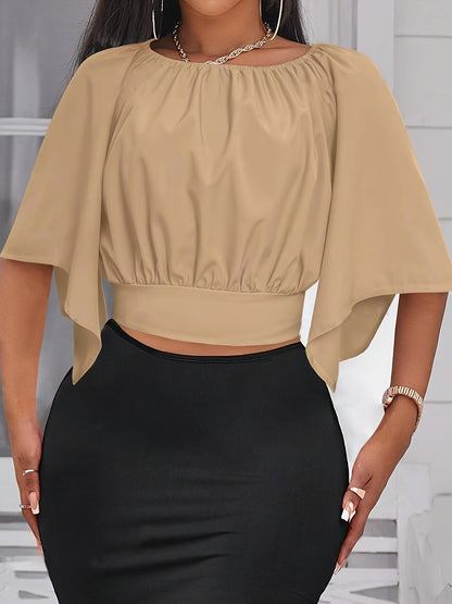 Solid Color Crew Neck Blouse, Elegant Short Sleeve Bow Back Split Blouse For Spring & Summer, Women's Clothing