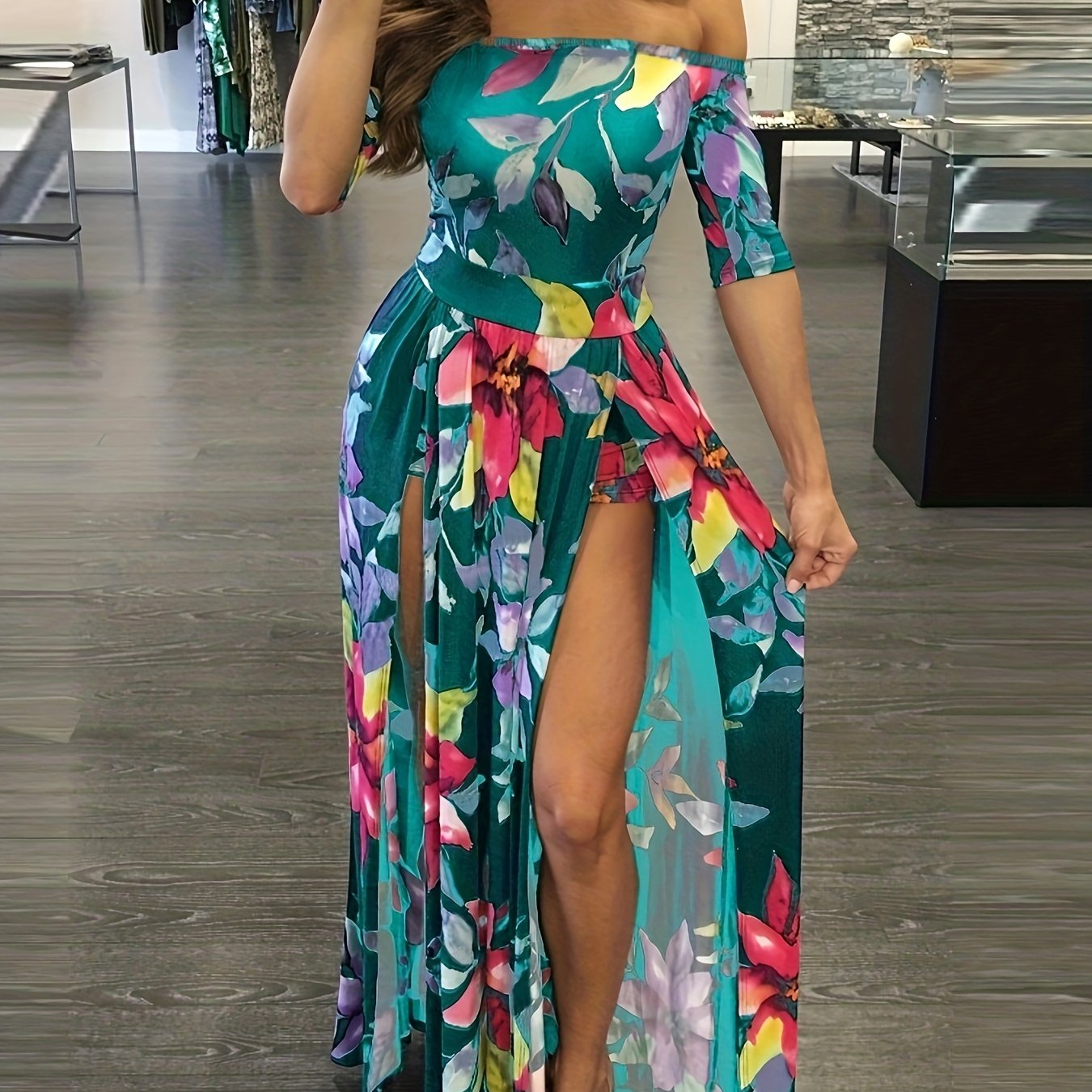 Vibrant Floral Print Romper Jumpsuit - Off Shoulder, Overskirt, Sexy, Flowy, Comfortable, Women's Summer Clothing - Perfect for Outdoor, Party, Date Night