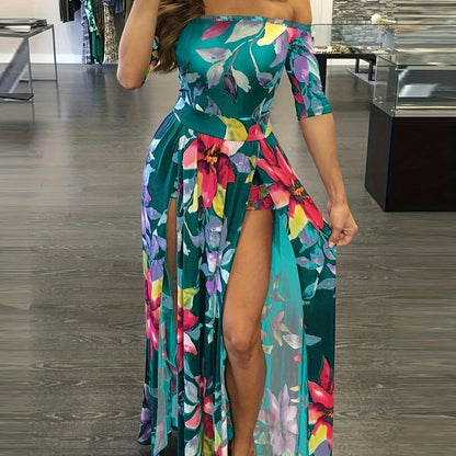 Vibrant Floral Print Romper Jumpsuit - Off Shoulder, Overskirt, Sexy, Flowy, Comfortable, Women's Summer Clothing - Perfect for Outdoor, Party, Date Night