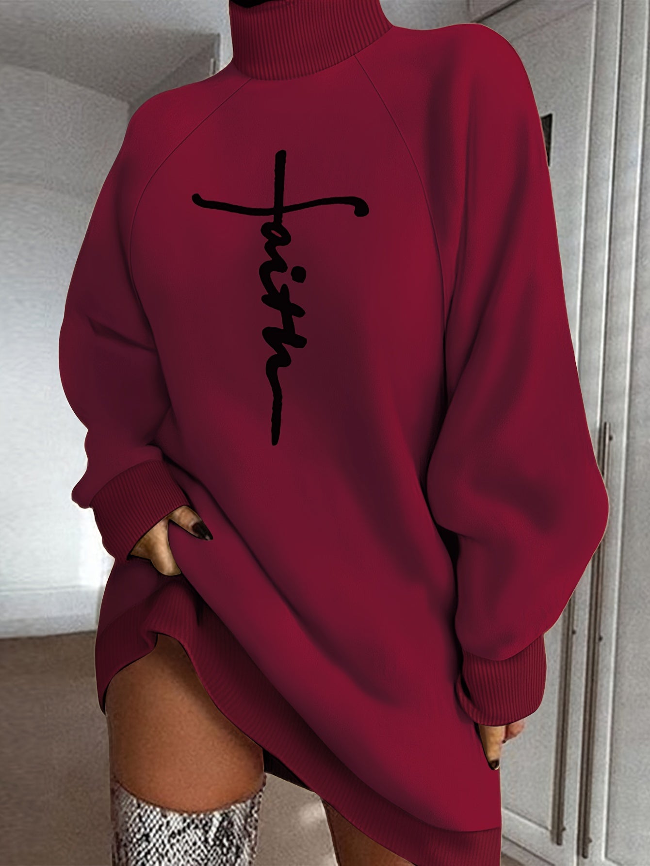 Faith Print Turtleneck Dress, Casual Loose Long Sleeve Dress, Women's Clothing