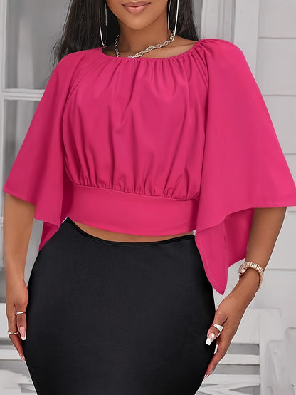 Solid Color Crew Neck Blouse, Elegant Short Sleeve Bow Back Split Blouse For Spring & Summer, Women's Clothing