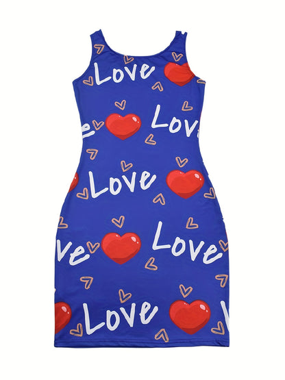 Heart & Letter Print Tank Dress, Casual Sleeveless U Neck Slim Dress, Women's Clothing