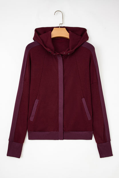 Burgundy Waffle Splicing Zip Up Front Button Hooded Jacket