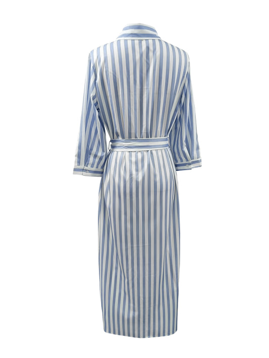 Striped Print 3/4 Sleeve Dress, Casual Button Front Maxi Dress, Women's Clothing