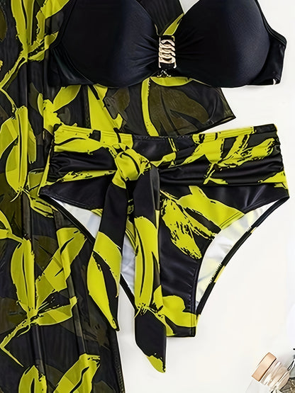 New European and American split swimsuit for women, fashionable hard cup steel support three-piece bikini, cross-border sunscreen mesh foreign trade swimsuit biki