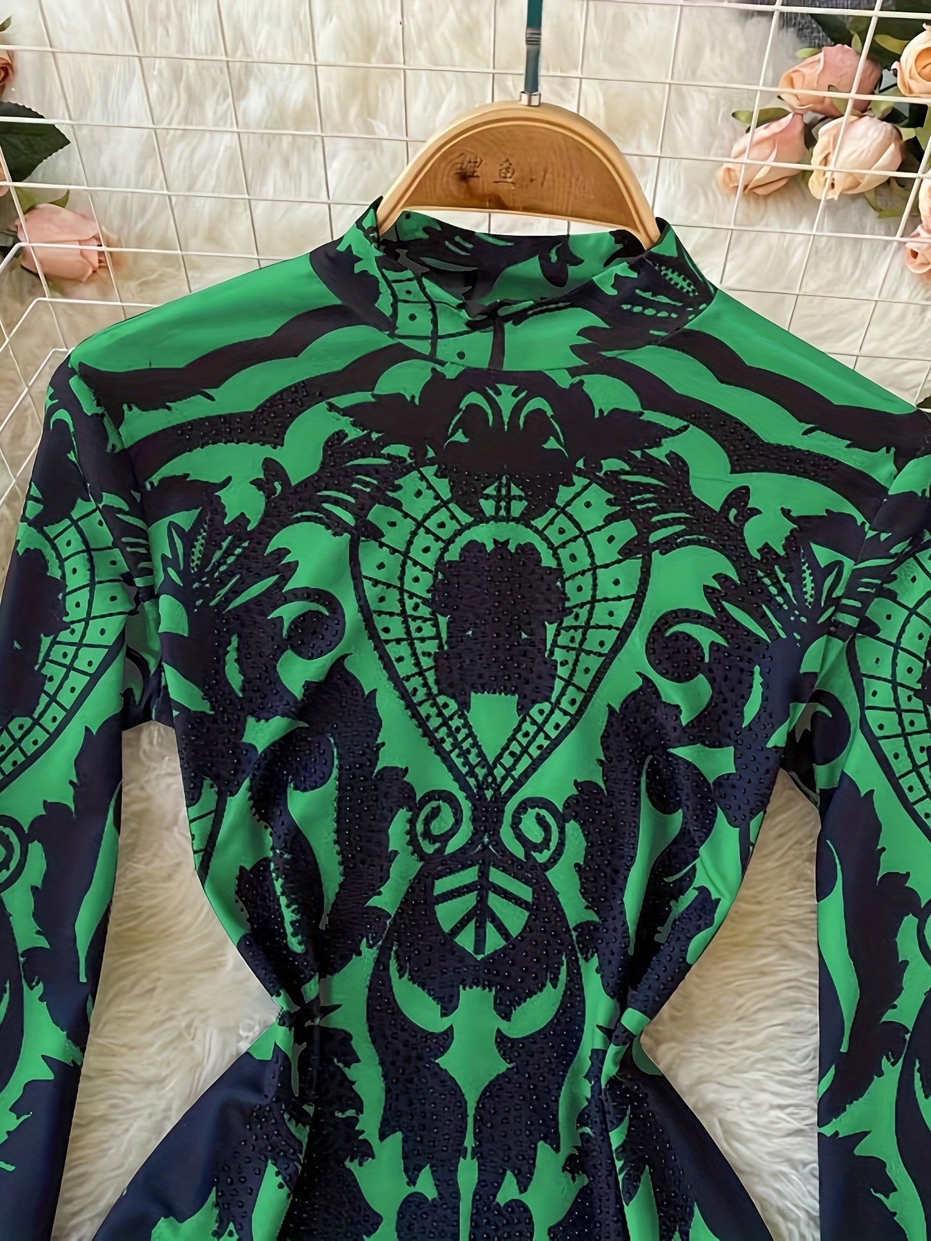 Women'S Tropical Print Bodysuit with Rhinestone Detail - Slim Fit, Stand Collar, Long Sleeve, All-Season Versatile Jumpsuit for Casual or Stylish Outfits, Stylish Outfit Bodysuit | Stand Collar Top | Polyester Fabric, Bodysui