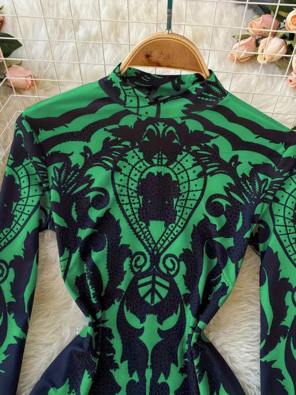 Women'S Tropical Print Bodysuit with Rhinestone Detail - Slim Fit, Stand Collar, Long Sleeve, All-Season Versatile Jumpsuit for Casual or Stylish Outfits, Stylish Outfit Bodysuit | Stand Collar Top | Polyester Fabric, Bodysui