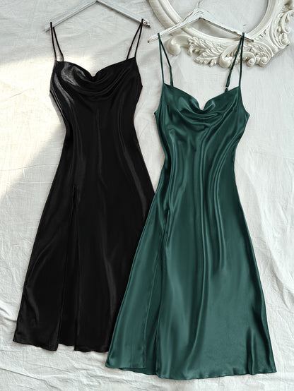2 Pcs Women's Elegant Solid Satin Sleepwear Dress, Turtleneck Side Split Backless Midi Slip Dress, Comfortable Nightgown