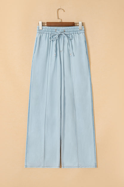 Beau Blue Light Wash Contrast Trim Center Seam Drawstring Elastic Waistband Wide Leg Denim Pants