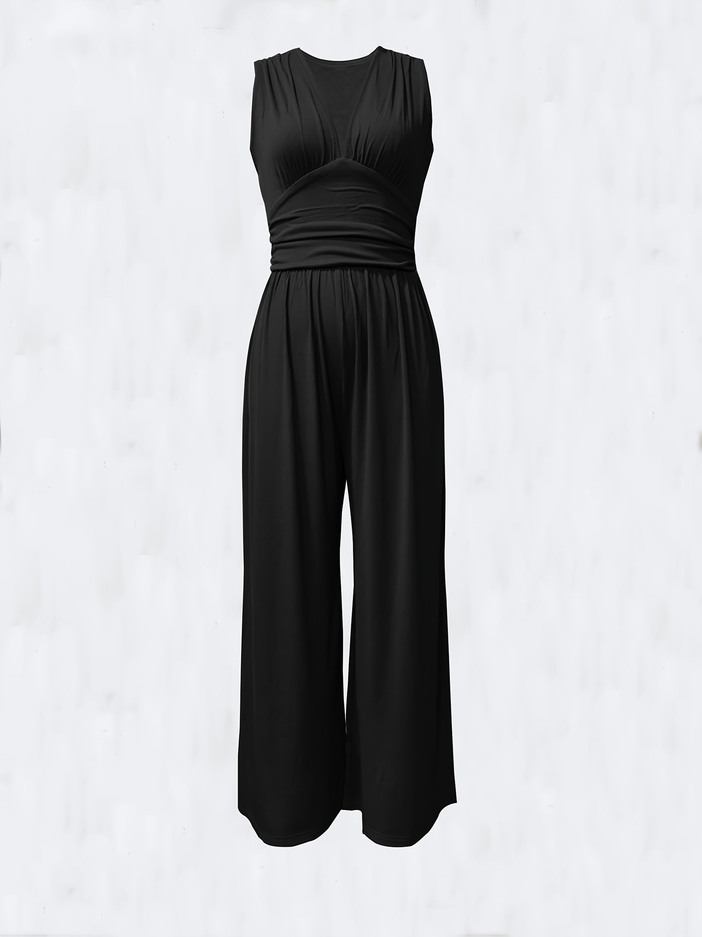 Women's Sleeveless Deep V-Neck Ruched Wide-Leg Jumpsuit - Olive Green Textured Stretch Fabric, Machine Washable Elegant Spring/Summer Casual & Formal Outfit, Ladies Rompers And Jumpsuits, Versatile Clothing, Flowing Silhouett