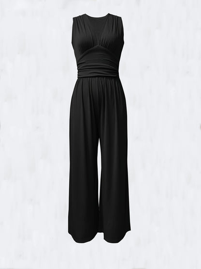 Women's Sleeveless Deep V-Neck Ruched Wide-Leg Jumpsuit - Olive Green Textured Stretch Fabric, Machine Washable Elegant Spring/Summer Casual & Formal Outfit, Ladies Rompers And Jumpsuits, Versatile Clothing, Flowing Silhouett