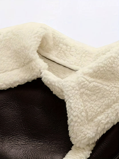 Women'S Elegant Teddy Lined Jacket with Turnover Sleeves, Zipper Closure, and Moto-Inspired Design - Vintage Streetwear Collar, Perfect for Fall/Winter