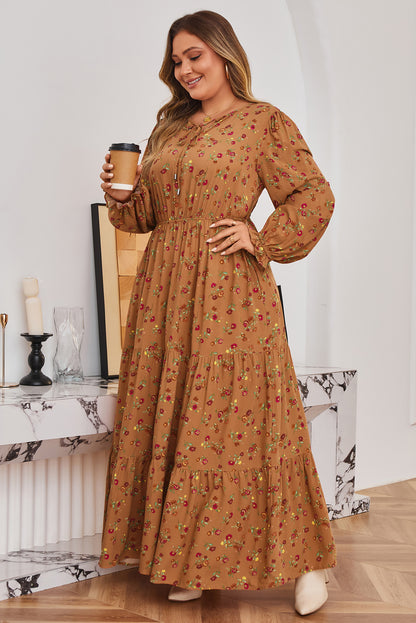 Brown Plus Size Floral Split V Neck Ruffled Sleeve Tiered Maxi Dress