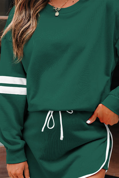 Evergreen Varsity Stripe Detail Drop Shoulder Pullover Mini Skirt Set