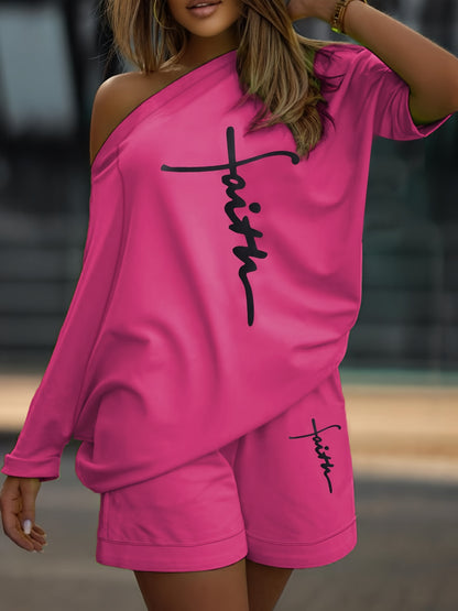 Chic Faith Printed Women's 2-Piece Set – Off-Shoulder Tee & Comfy Drawstring Shorts for Casual Wear