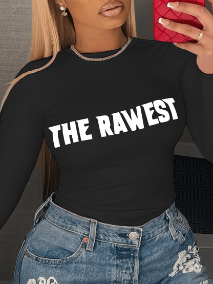 Women'S Casual Crew Neck Long Sleeve Blouse, Polyester Knit Fabric, with "THE RAWEST" Letter Print, for Spring/Fall