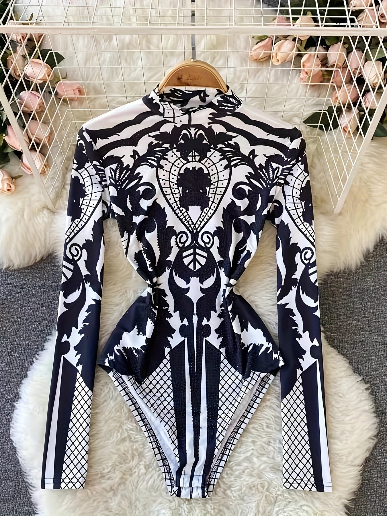 Women'S Tropical Print Bodysuit with Rhinestone Detail - Slim Fit, Stand Collar, Long Sleeve, All-Season Versatile Jumpsuit for Casual or Stylish Outfits, Stylish Outfit Bodysuit | Stand Collar Top | Polyester Fabric, Bodysui