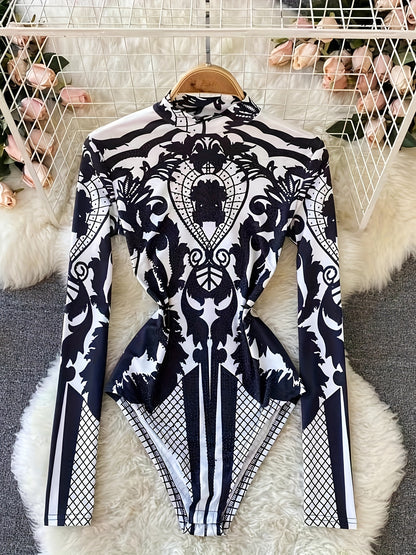 Women'S Tropical Print Bodysuit with Rhinestone Detail - Slim Fit, Stand Collar, Long Sleeve, All-Season Versatile Jumpsuit for Casual or Stylish Outfits, Stylish Outfit Bodysuit | Stand Collar Top | Polyester Fabric, Bodysui