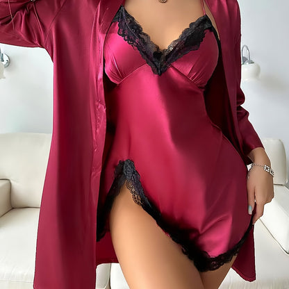 Solid Satin Pajama Set, Long Sleeve Robe With Belt & Contrast Lace V Neck Slip Dress, Women's Sleepwear & Loungewear