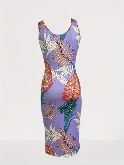 Tropical Paradise Tank Dress - Flattering Slim Fit & Vibrant Print - Comfort Crew Neck, Sleeveless Style - Perfect Womens Summer Clothing for Casual Days