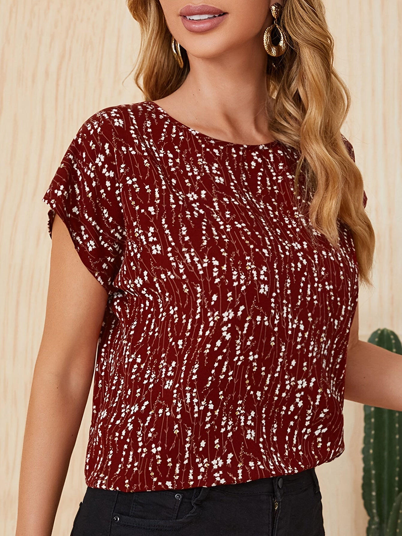 Allover Print Crew Neck Blouse, Elegant Batwing Sleeve Blouse For Spring & Summer, Women's Clothing