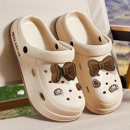 Women's White EVA Bow-Embellished Slippers - Lightweight Summer Beach Sandals with Thick Cushioned Sole, Soft Round Toe and Minimalist Design, Suitable for Indoor/Outdoor Use, Hand Washable