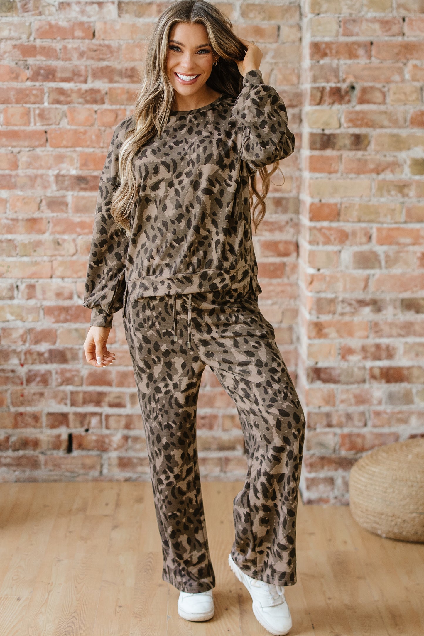 Brown Leopard Print Raw Seam Patchwork Pullover Drawstring Loose Pant Set