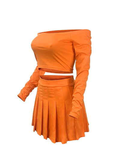 Solid Elegant Two-piece Set, Off Shoulder Long Sleeve Crop Top & Pleated Mini Skirt Outfits, Women's Clothing