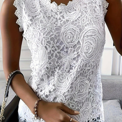 Solid Lace Short Sleeve Top, Versatile Blouse For Spring & Summer, Women's Clothing