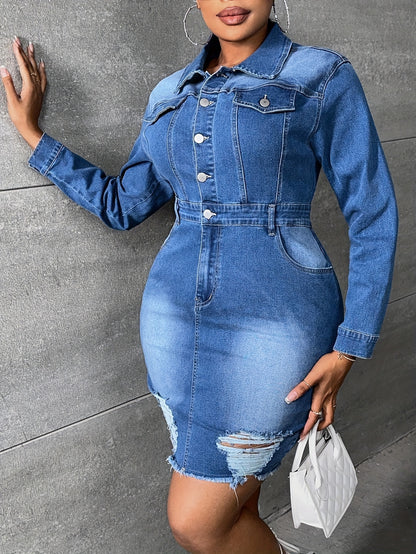 Womens Fashion-Forward Ripped Denim Jacket Dress - Trendy Long Sleeve with Raw Hem, Chic Button Up, Elegant Casual Outerwear for All Seasons