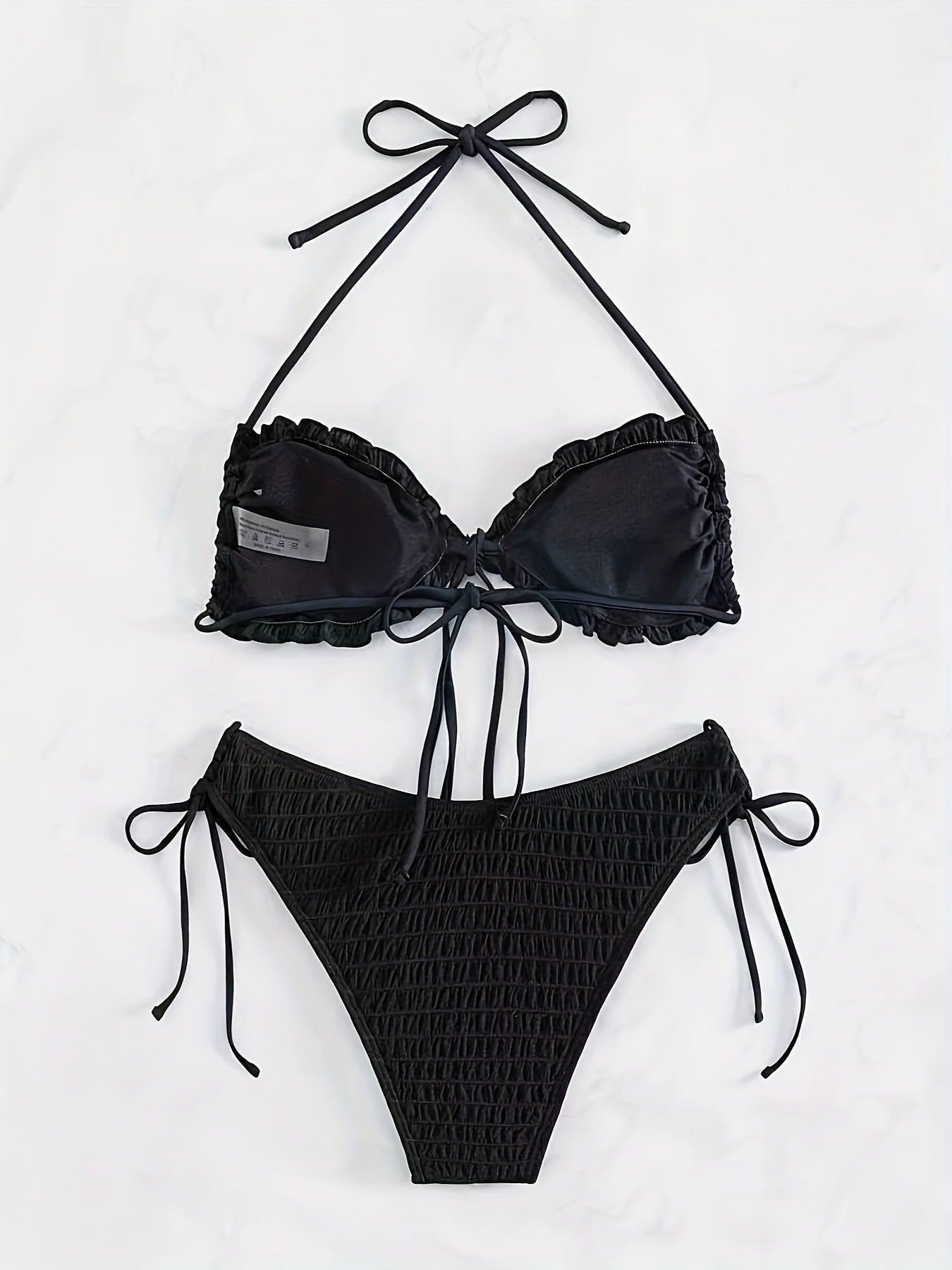 Solid Color Fashion 3 Piece Set Bikini, Halter Neck Lettuce Trim Tie Side High Cut With Cover Up Skirt Swimsuits, Women's Swimwear & Clothing