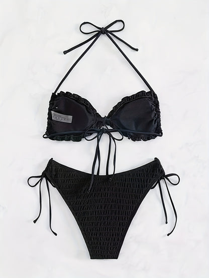 Solid Color Fashion 3 Piece Set Bikini, Halter Neck Lettuce Trim Tie Side High Cut With Cover Up Skirt Swimsuits, Women's Swimwear & Clothing