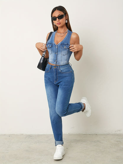 Stylish Sleeveless Denim Jacket Vest - Women's Clothing - Fashionable Streetwear, Button Closure, Washed Blue, Sexy, Summer Wear, Casual Outing, Versatile, Chic, and Trendy