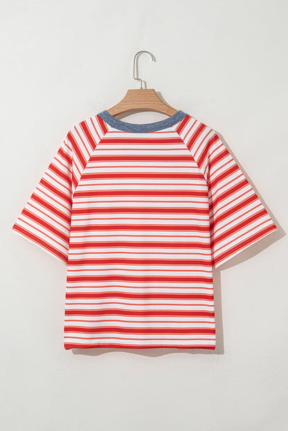 Tomato Red Stripe Print Contrast Collar Raglan Sleeve T Shirt