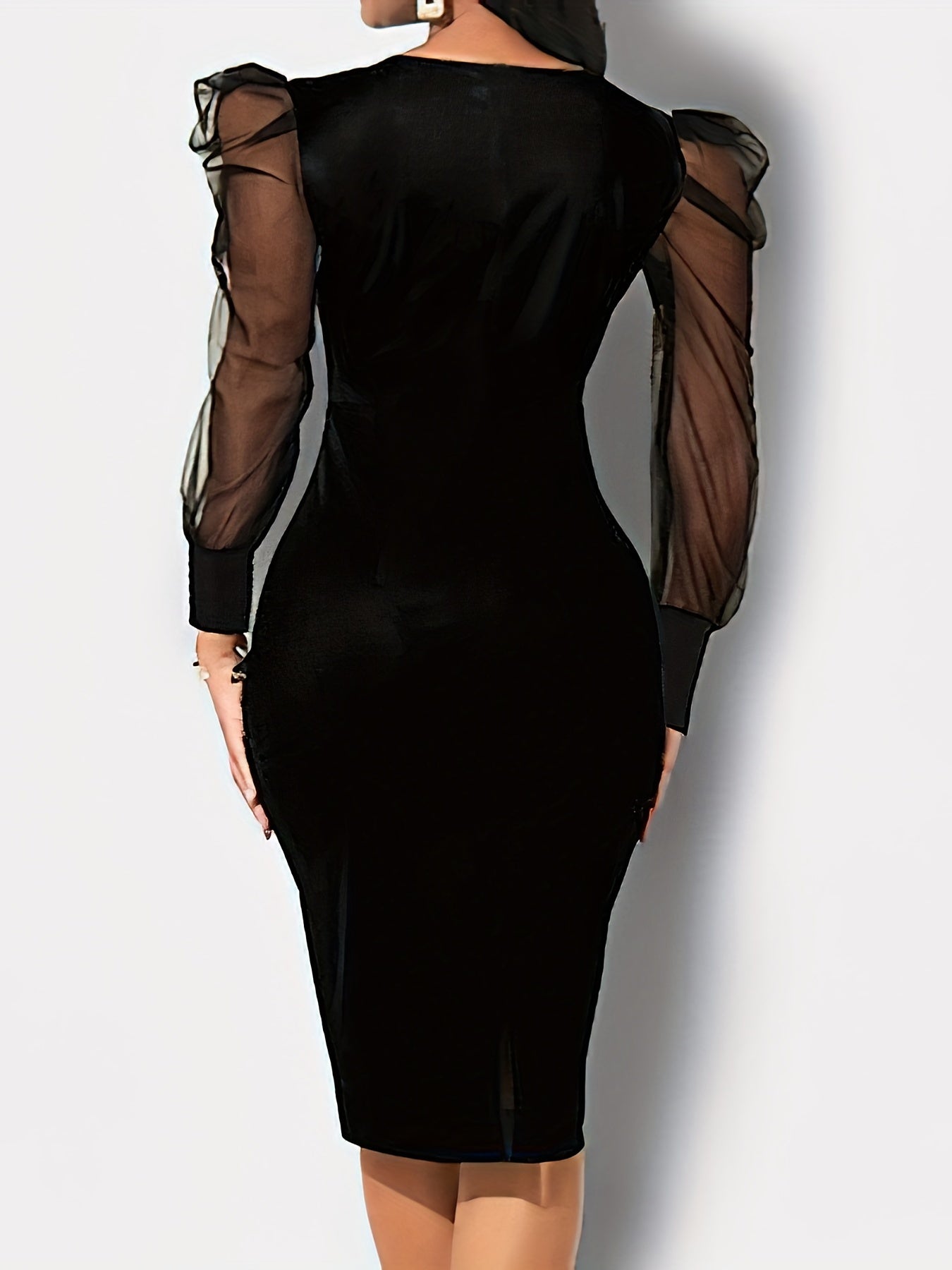 Butterfly Print Contrast Mesh Dress, Elegant Crew Neck Long Sleeve Dress, Women's Clothing