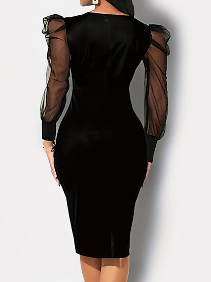 Butterfly Print Contrast Mesh Dress, Elegant Crew Neck Long Sleeve Dress, Women's Clothing