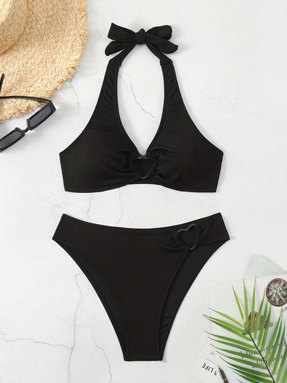 Women's Ribbed Textured Bikini Set With Bow Tie Halter Top And High Cut Bottoms, Heart-Linked Two Pieces, Beachwear, Swimwear