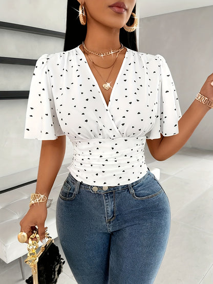 Heart Print V-neck Tucked Blouse, Elegant Flutter Sleeve Slim Blouse For Spring & Summer, Women's Clothing