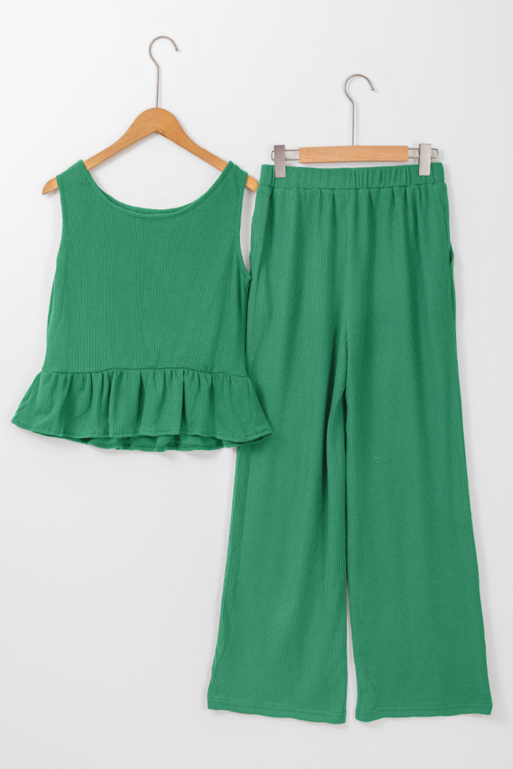 Green Solid Color Ribbed Ruffle Tank Top and Pants Set