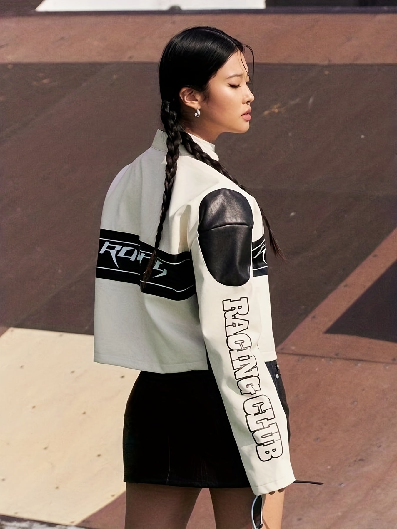 Stylish Faux Leather Long Sleeve Crop Jacket with Letter Print Button Front - Women's Fashion Outerwear for Chic Look - Faux Leather