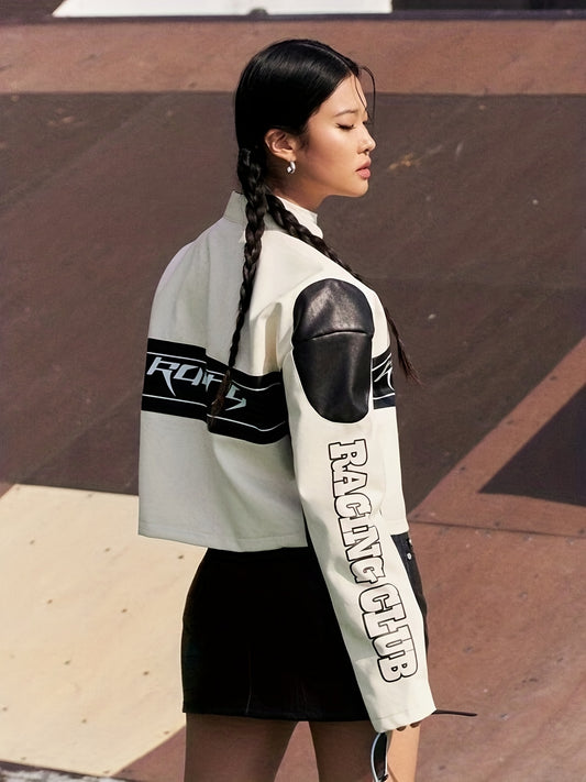 Stylish Faux Leather Long Sleeve Crop Jacket with Letter Print Button Front - Women's Fashion Outerwear for Chic Look - Faux Leather