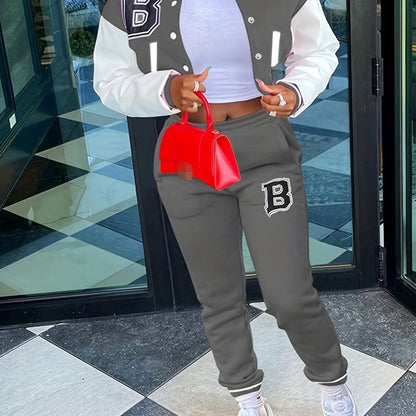 Trendy Letter Print Womens Two-Piece Set - Color Block Bomber Jacket with Slant Pockets & Chic Pants Outfit - Casual & Comfortable Clothing