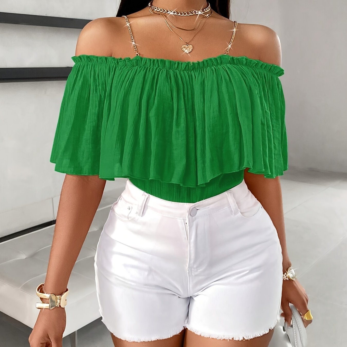 Vibrant Cold Shoulder Ruffle Trim Blouse - Charming Chain Strap, Solid Color, Casual, Spring & Summer Essential, Women's Clothing, Perfect for Outdoor Activities