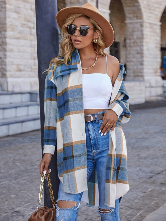 1pc Women'S Casual Plaid Lapel Long Sleeve Jacket - Polyester Woven Shirt-Style Outerwear with Button Details for All Seasons