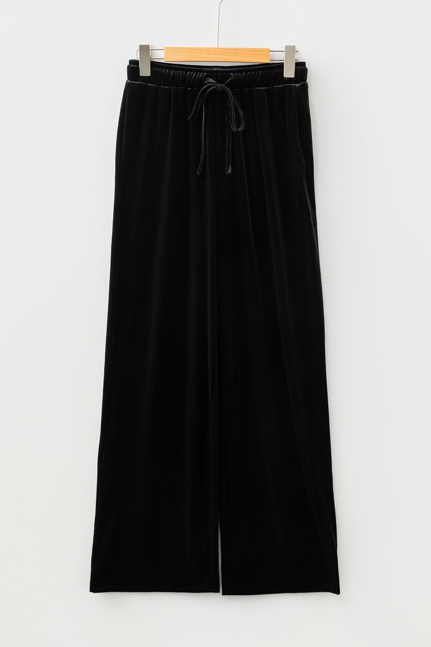 Black Shiny Velvet Drawstring High Waist Straight Leg Casual Pants